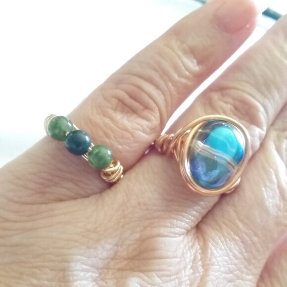 Slim Moss Agate Beaded Handmade Rings - Sturdy Every Day Wear! Copper or Brass! - Picture 5 of 12